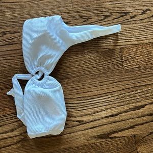 Monday Swimwear white crinkle one shoulder bathing suit top.